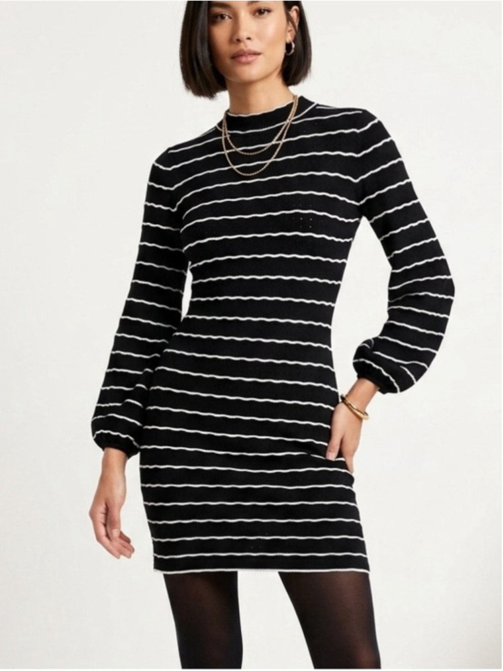 Kittenish Black White Wavy Striped Mock Neck Long Balloon Sleeve Mini Dress 1345
